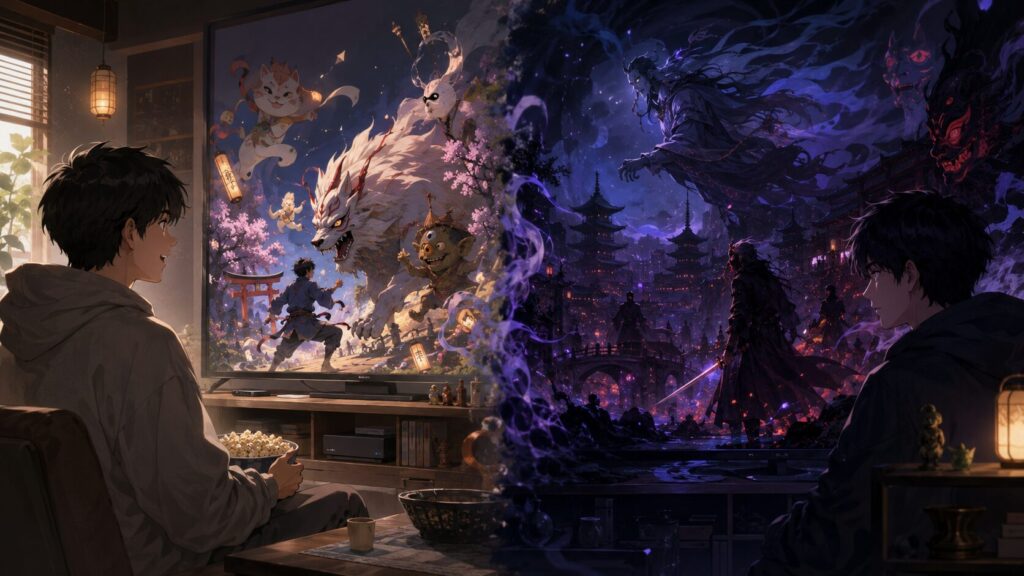 第1期と千年魔京の雰囲気を対比した妖怪アニメの視聴イメージ
