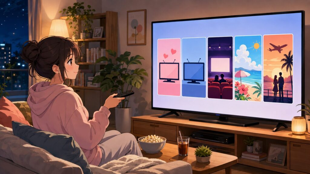五等分の花嫁アニメの視聴順をテレビで確認する女性