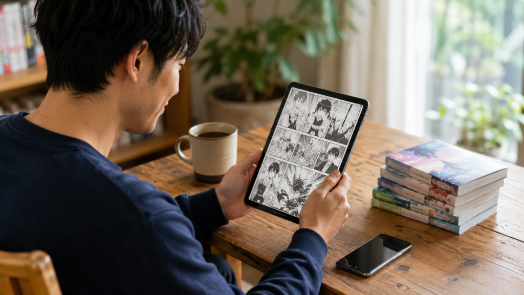タブレットで電子漫画を読む日本人男性
