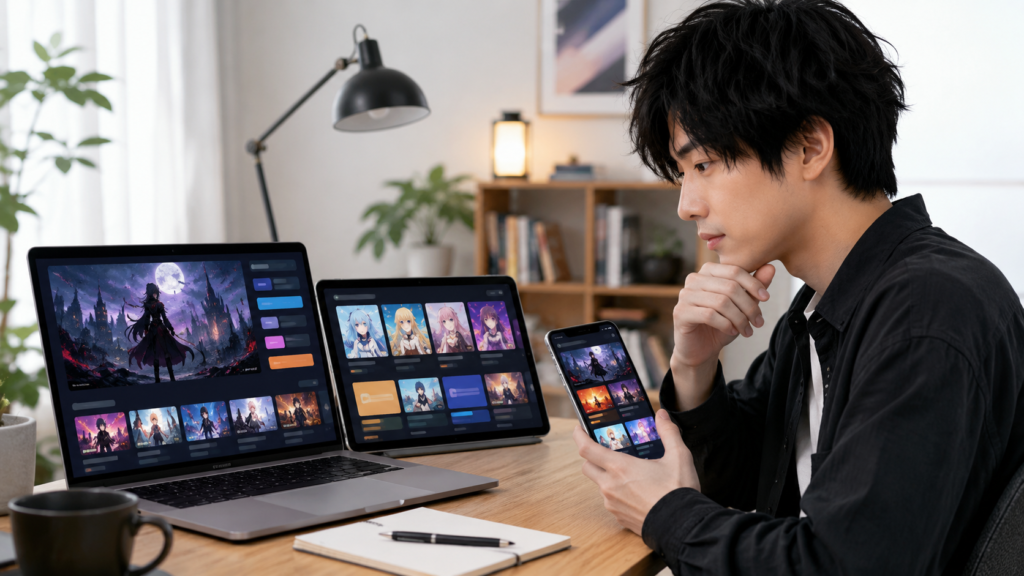 ヴァニタスの手記を見られる動画配信サービスを複数端末で比較する男性