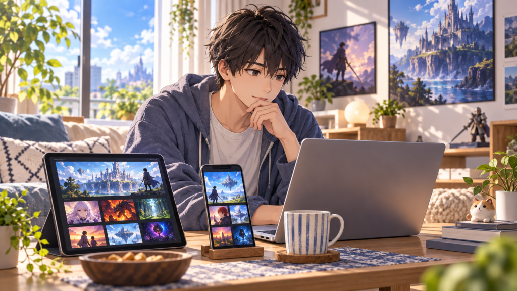 アニメの見放題配信サービスをパソコンやスマホで比較する日本人男性