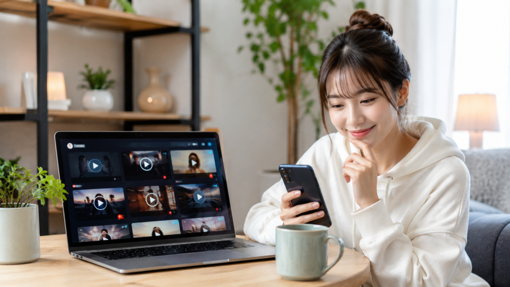 スマホとパソコンでアニメ動画配信サービスを選ぶ日本人女性