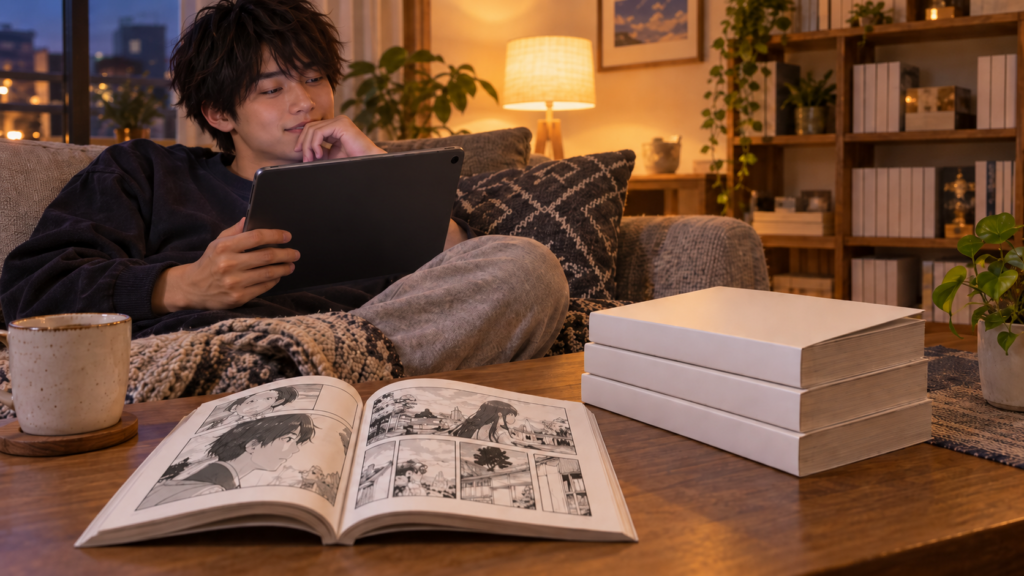 バクマンのアニメと原作漫画を楽しむ日本人男性のイメージ