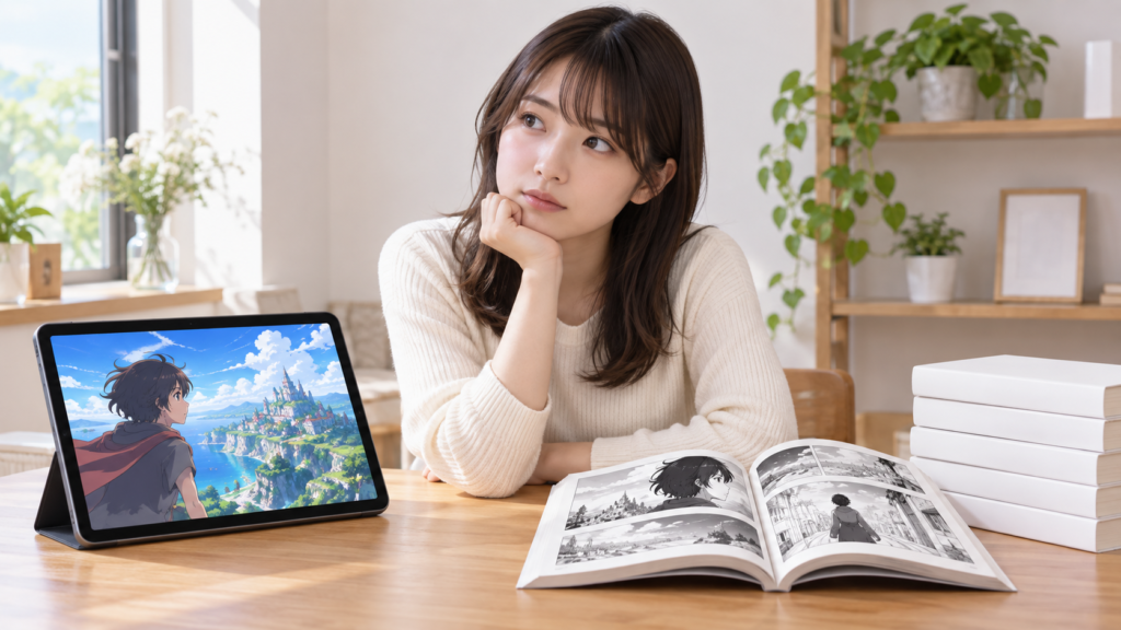 バクマンのアニメと原作漫画を見比べる女性のイメージ