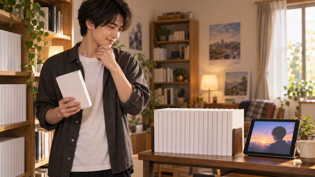 バクマンの原作漫画を何巻から読むか考える日本人男性のイメージ