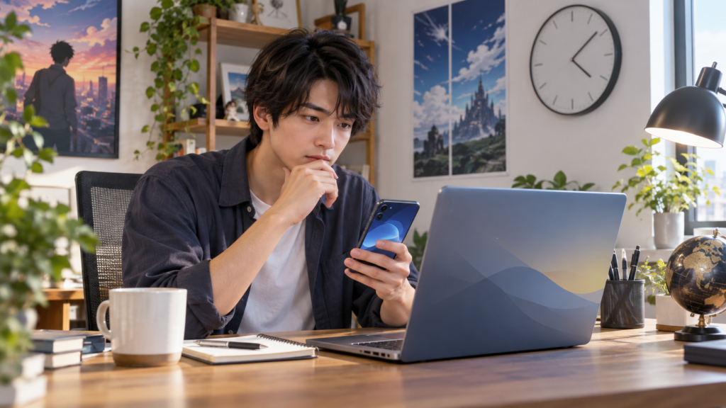 文豪ストレイドッグス6期の公式発表をスマホとパソコンで確認する男性