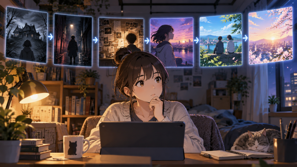 ひぐらしのなく頃にアニメの見る順番をタブレットで確認する女性のイメージ