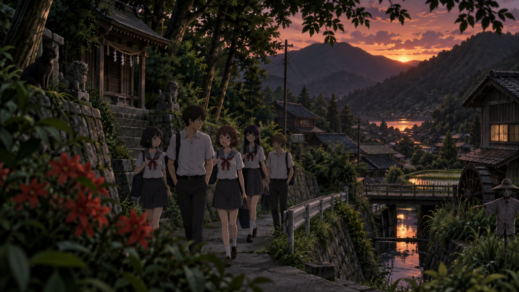 ひぐらしのなく頃にの雛見沢をイメージした夕暮れの山村を歩く学生たち