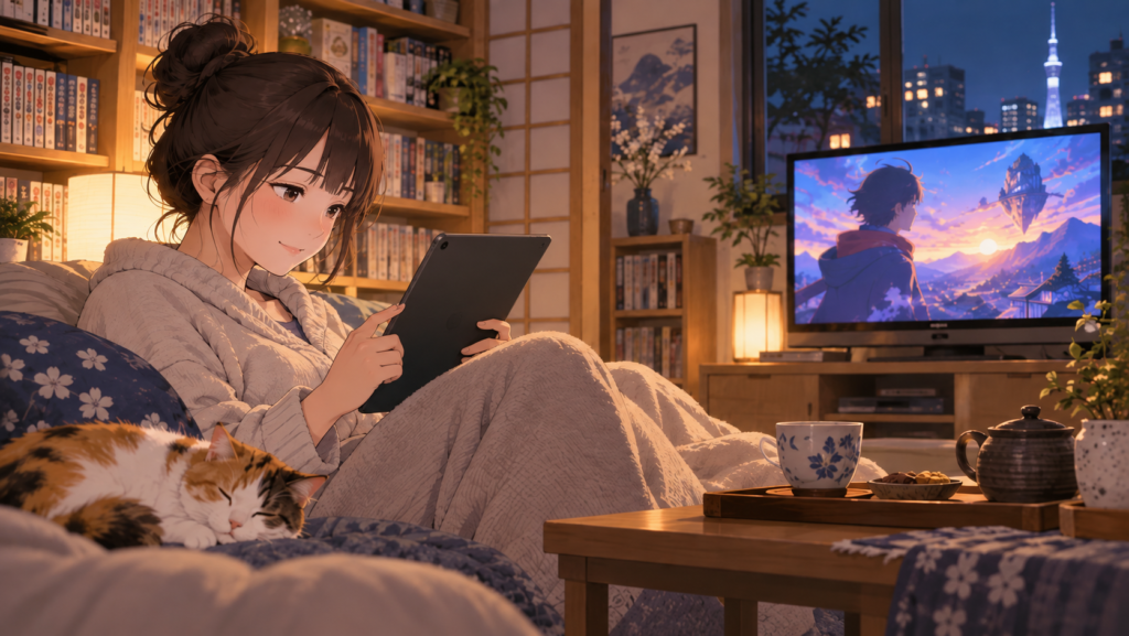 DMM TVでアニメを見ながらDMMブックスで漫画を読む日本人女性のイメージ
