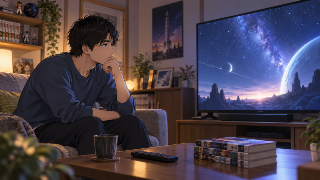 ケロロ軍曹の旧TVアニメ最終回を自宅で振り返る日本人男性のイメージ