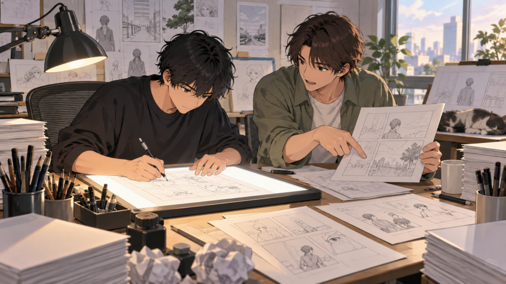漫画制作に取り組む二人の日本人青年と原稿作業のイメージ