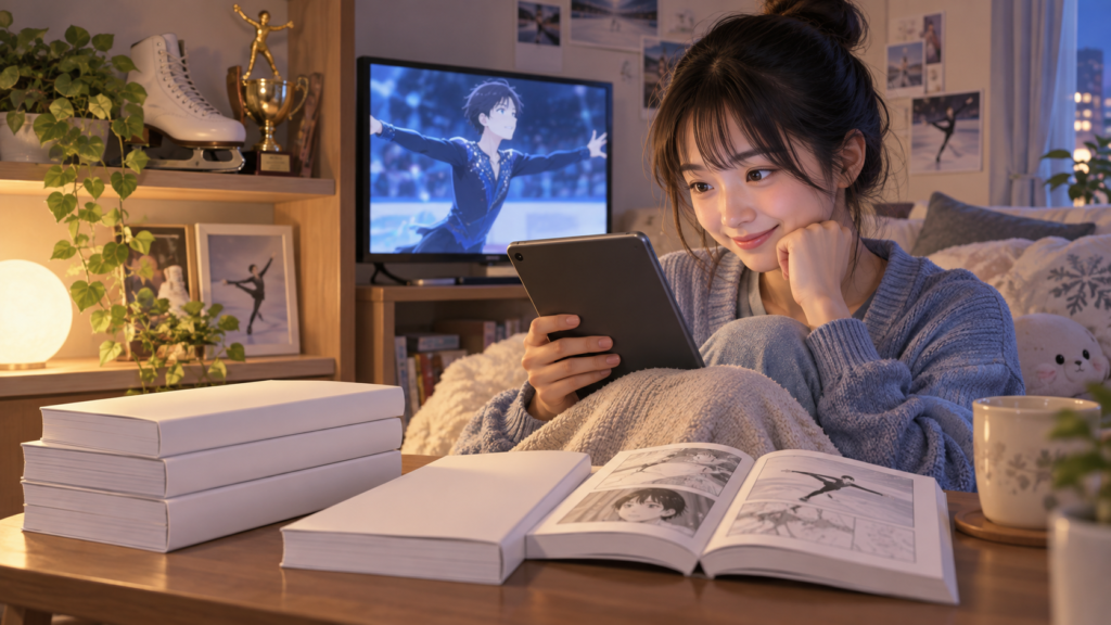 フィギュアスケートアニメ視聴後にタブレットと漫画で原作の続きを読む日本人女性
