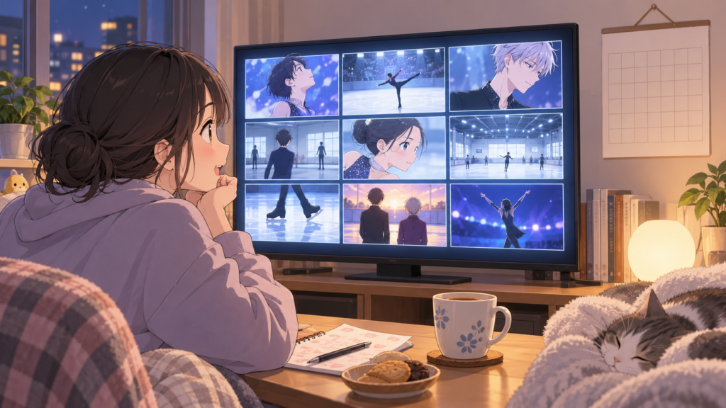 フィギュアスケートアニメの複数エピソードをテレビで確認する日本人女性