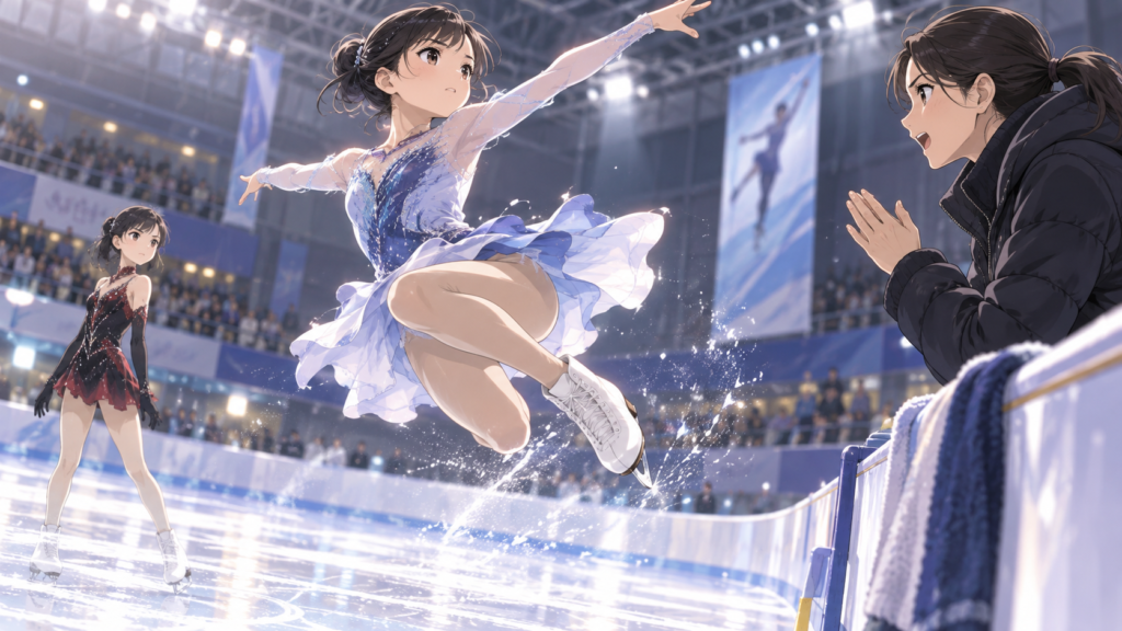 フィギュアスケート大会でジャンプに挑む少女とライバル選手