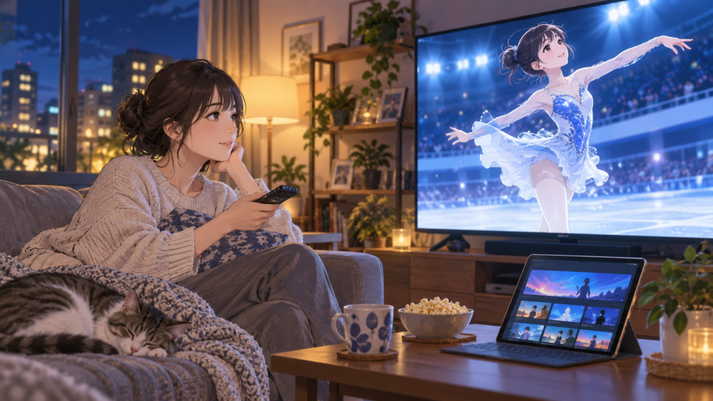 自宅のテレビでフィギュアスケートアニメの配信を楽しむ日本人女性
