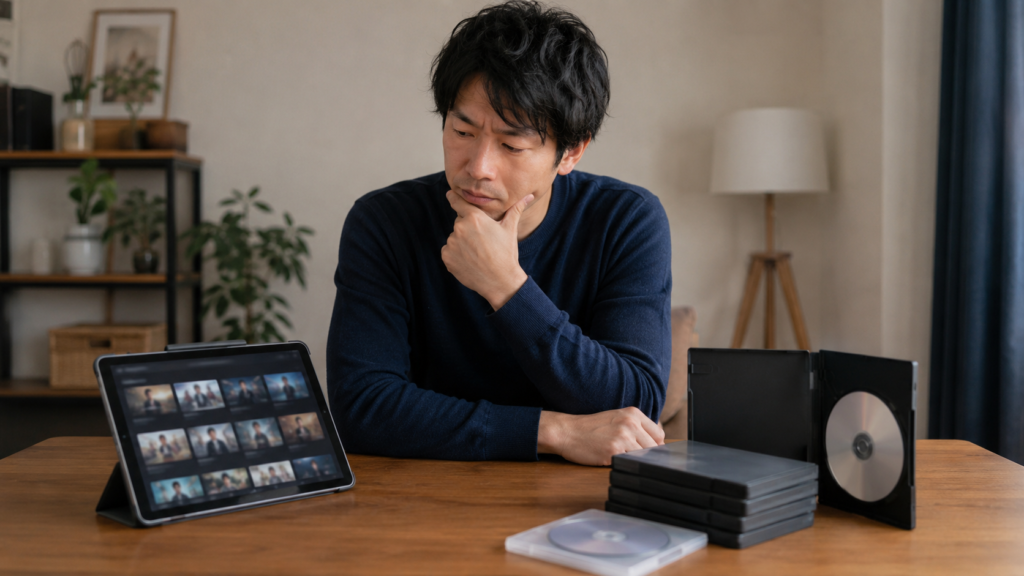 動画配信とDVDレンタルの視聴方法を比較する日本人男性