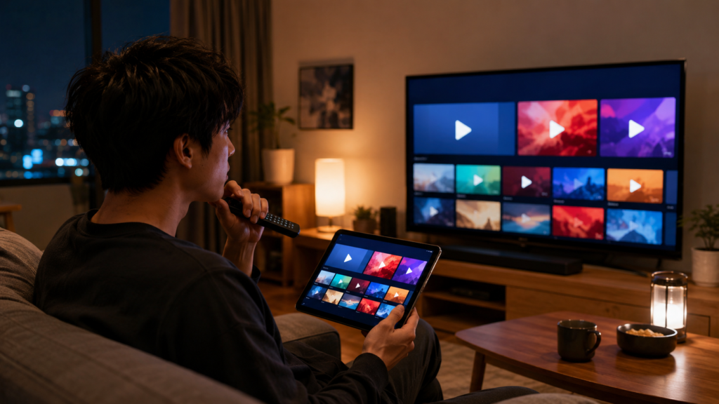 動画配信サービスをテレビとタブレットで比較する日本人男性