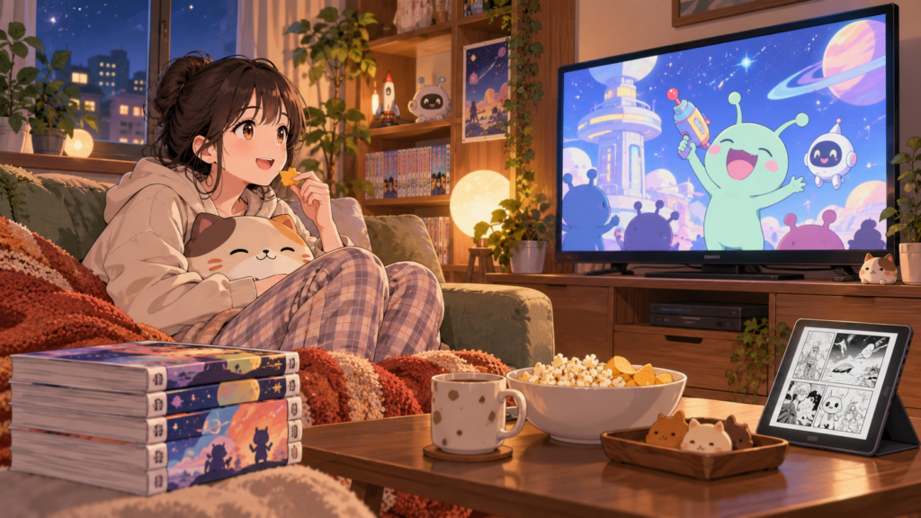 自宅で宇宙人アニメを視聴しながら漫画も楽しむ日本人女性のケロロ軍曹視聴イメージ