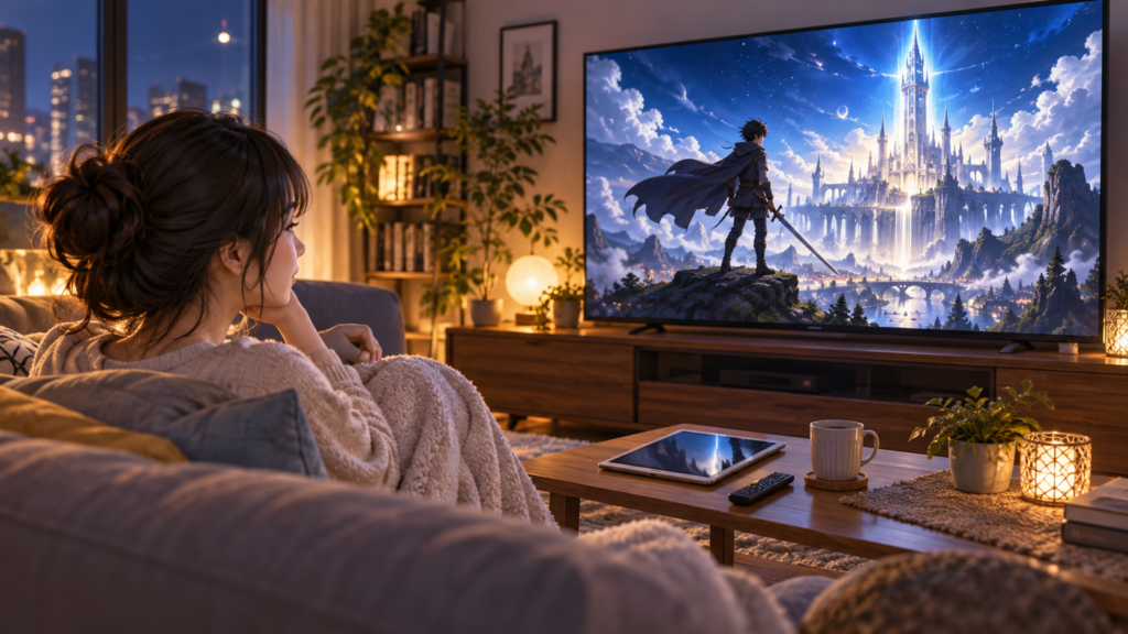 動画配信サービスでファンタジーアニメ2期をテレビ視聴する日本人女性