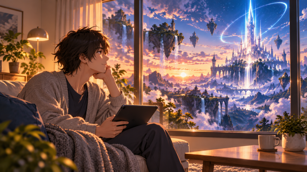 ファンタジーアニメのSeason3を楽しみに待つ日本人男性のイメージ