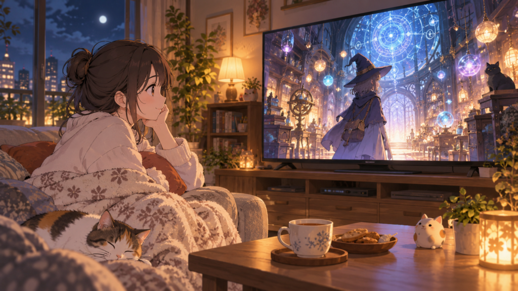 ファンタジーアニメをテレビで視聴する日本人女性のイメージ