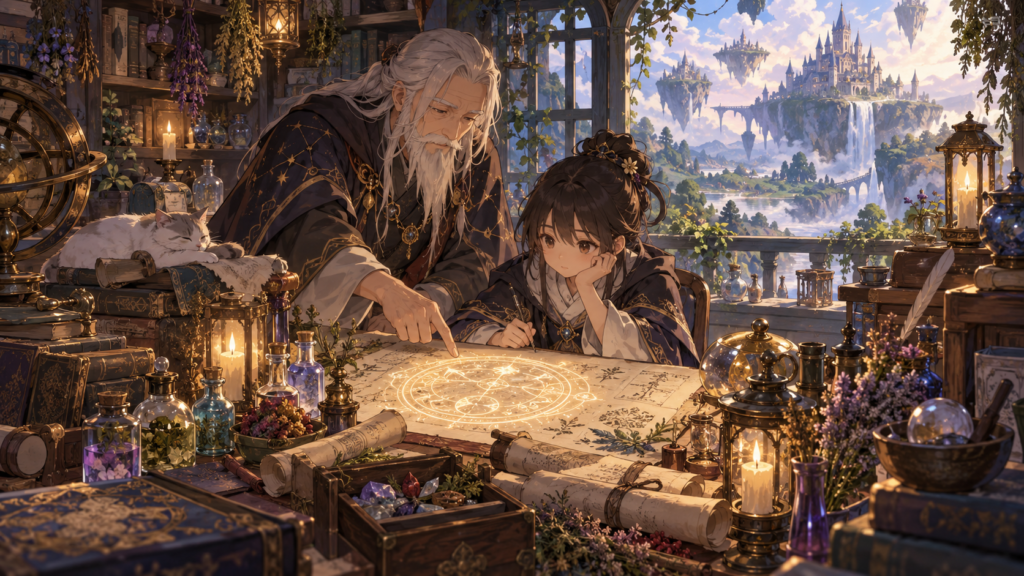 魔法陣を学ぶ少女と師匠を描いたファンタジー世界のイメージ