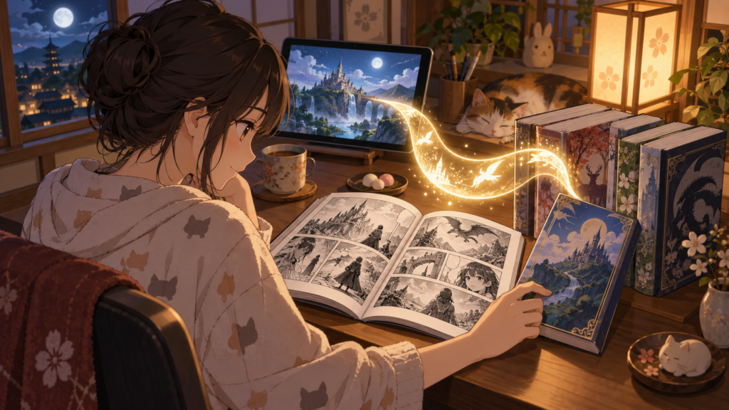 アニメの続きを原作漫画で確認する日本人女性のイメージ